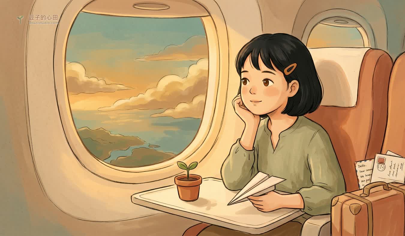 少女獨自坐在飛機窗邊看夕陽,桌上有紙飛機、書信、行李與一株小苗