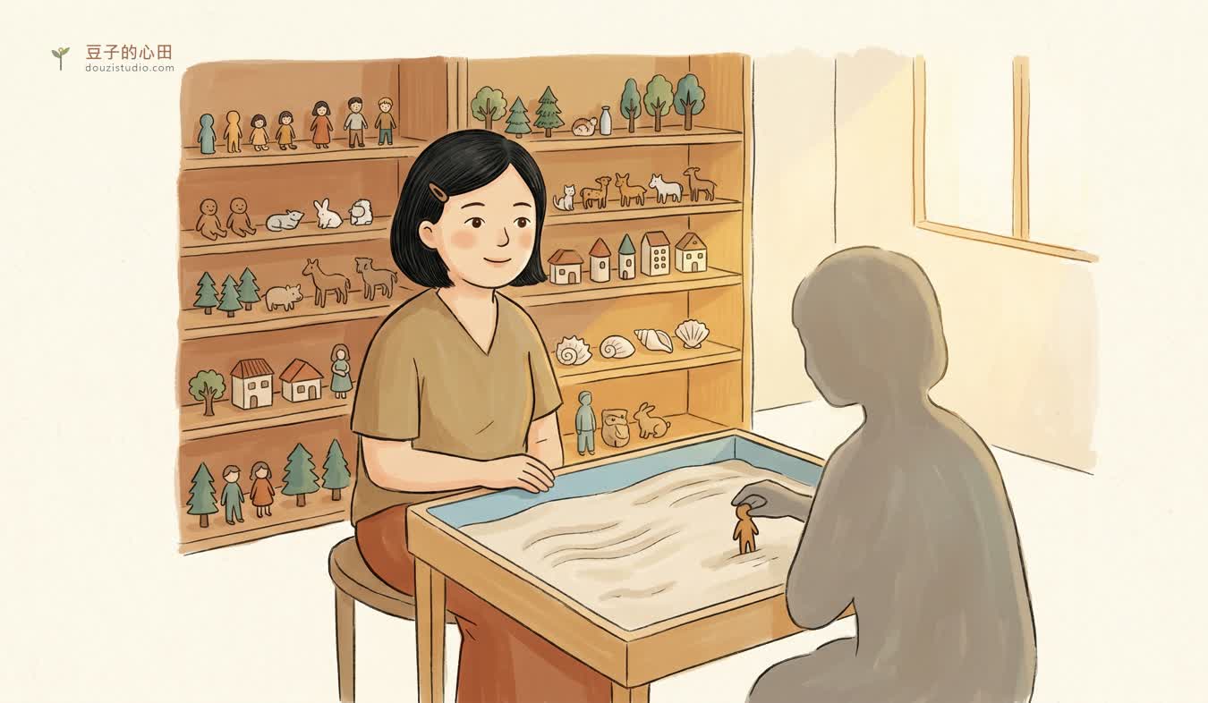 女子成為沙遊治療師,坐在沙盤旁,身後架上滿是象徵小物,對面是匿名的個案剪影——一個自由而受保護的空間