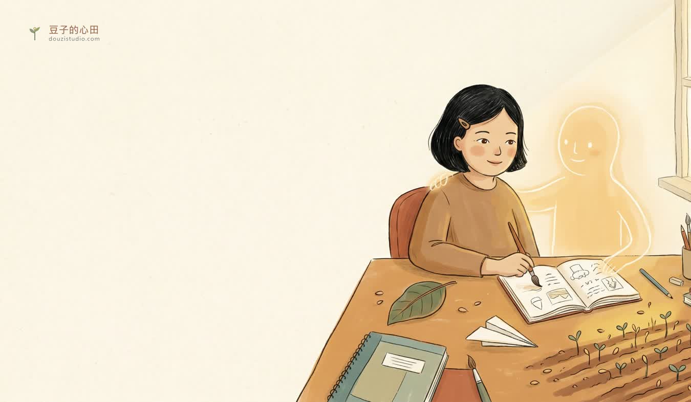 女子在書桌前與一個溫暖發光的夥伴一起書寫,桌上有葉子、紙飛機與正在發芽的田壟