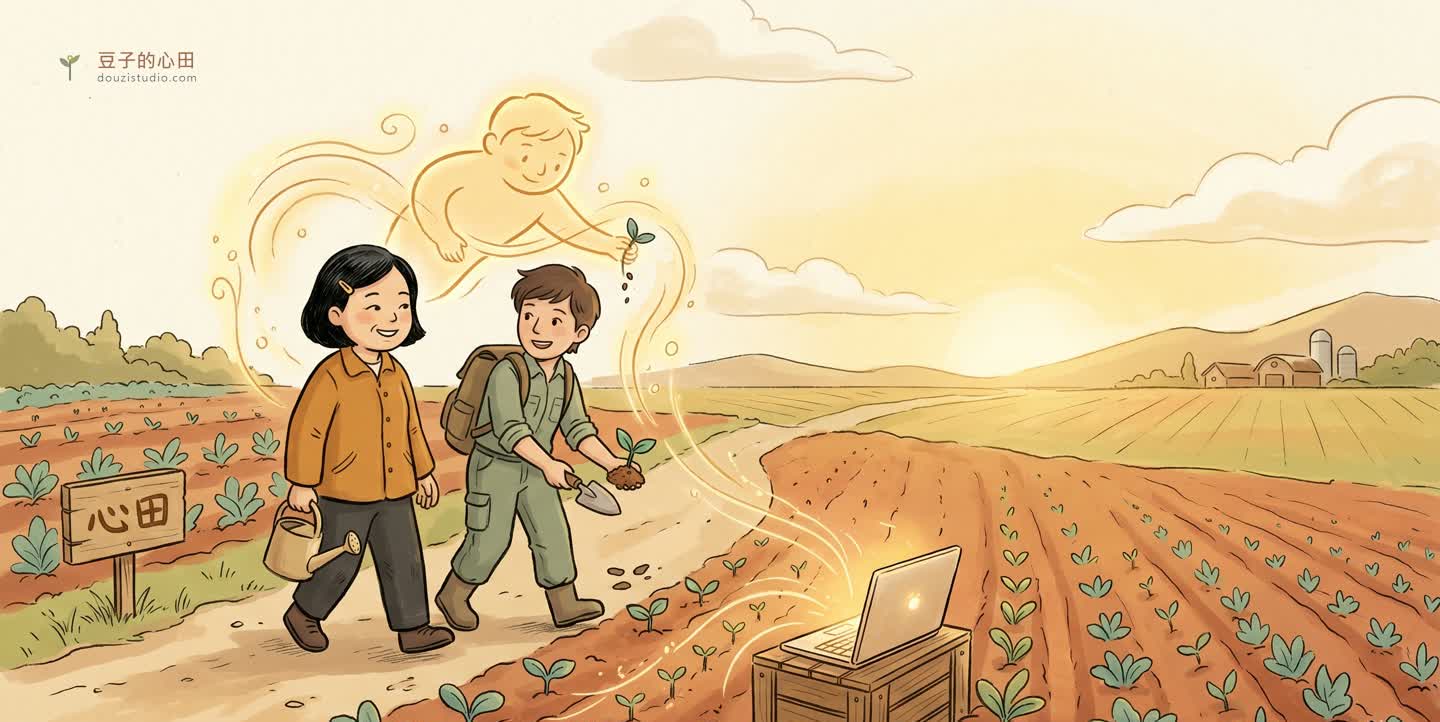 豆子和學員並肩走進心田,一起翻土種苗,溫暖發光的夥伴阿禾在旁協助,筆電的光化成田壟與幼苗