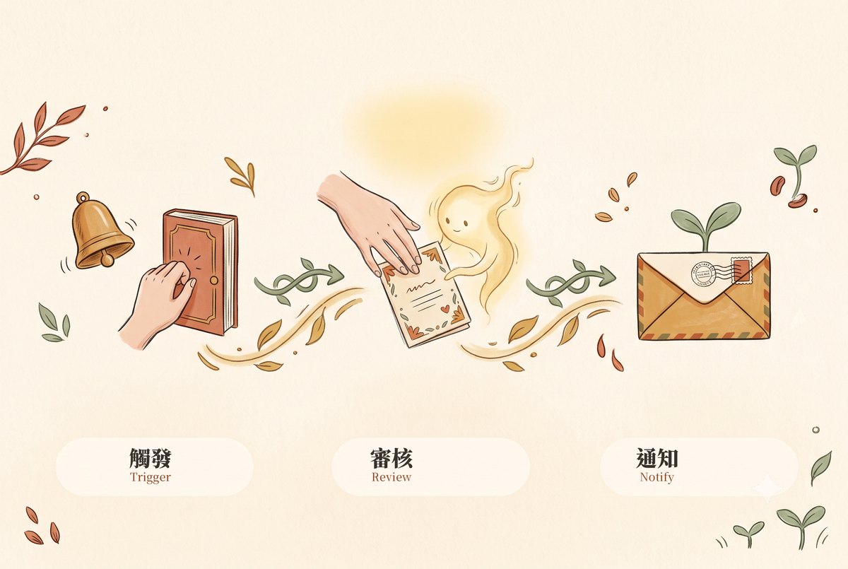 三段工作流程:觸發→審核→通知,AI 在中間協助起草、人始終負責把關
