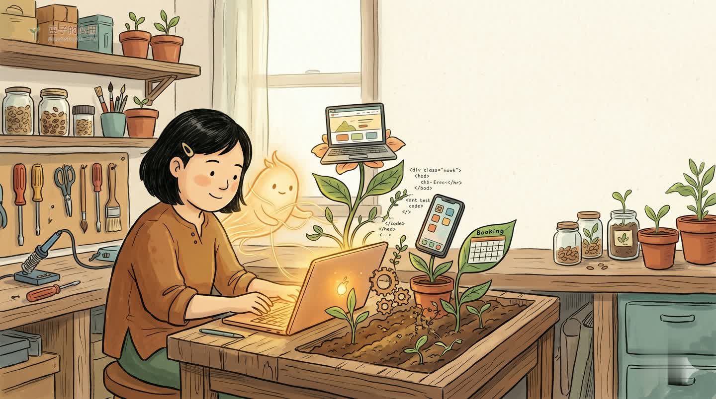 豆子在像田又像工作坊的造物坊裡,對著發光的筆電工作,夥伴阿禾化成光,桌上的數位產品像作物般長出來——網頁開成花、手機 app 發芽、預約日曆成葉,齒輪與藤蔓和幼苗交纏